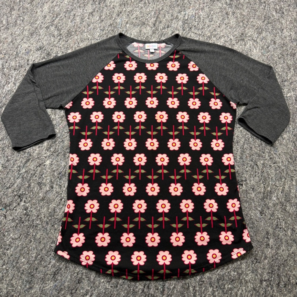 LuLaRoe Randy Baseball‎ Tee Large Pink Floral Black Gray Raglan 3/4 Sleeve Shirt